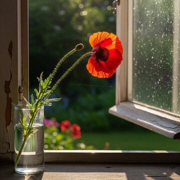 Orange flowers are being placed in a glass bottle and next to the window