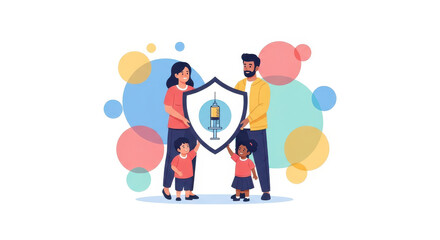 family holding shield with vaccine illustration representing protection. concept of health and safety. national immunization awareness month. healthcare promotion, public health campaign.