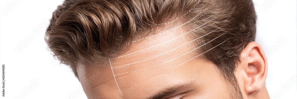 Poster scalp tightening procedure diagram focusing on upper head with clear lines and a blank area for furt
