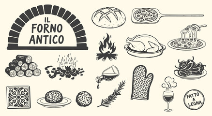 Ancient Oven Icon Set. Vintage wood fired oven vector illustration. Il Forno Antico doodle clipart of pizza, bread, and Italian cooking. Restaurant food graphic for menu and brand design.