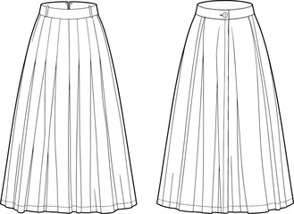 Technical flat sketch of women's pleated midi skirt front and back view, vector fashion illustration, skirt template design.