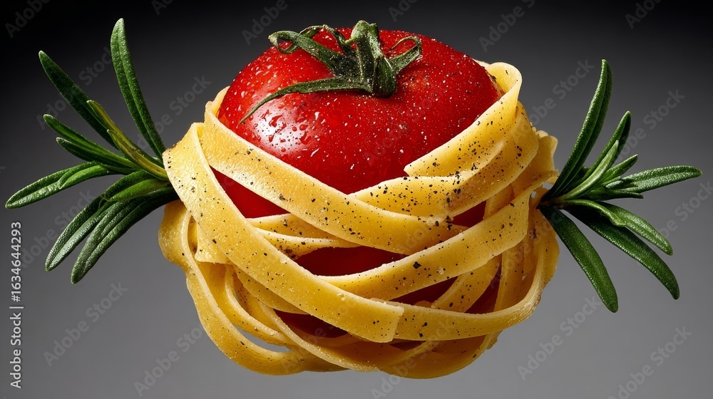 Poster tomato is covered in spaghetti and herbs. the spaghetti is twisted and curled around the tomato, cre