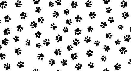 Black dog paw print pattern on white background, seamless pet footprint design, cute animal tracks, vector illustration, wallpaper, textile, wrapping