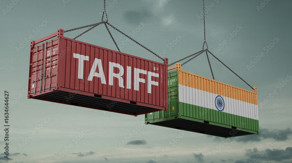Poster two shipping containers suspended by chains one with tariff text and the other with indian flag desi