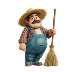 3d illustration of cartoon farmer with a straw hat and broom isolated on transparent background