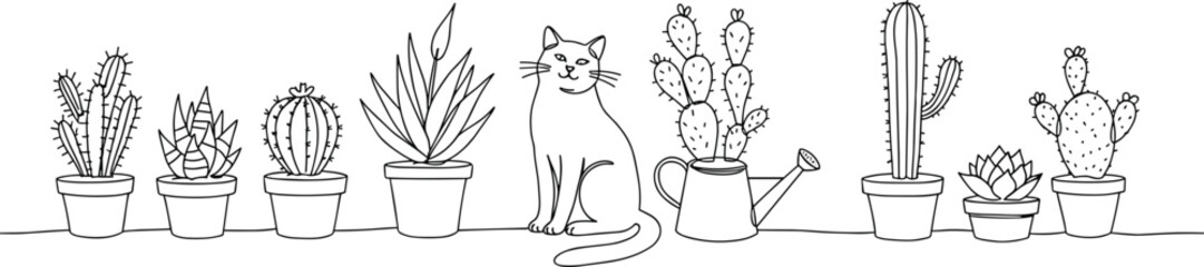 Cat with potted cactus and succulent plants, black line art, minimalist indoor garden vector, cute doodle illustration, home decor design