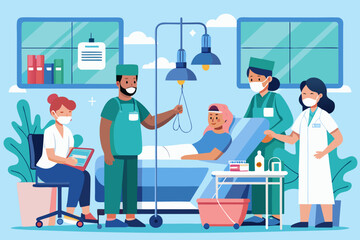 Medical team caring for a patient in a hospital room