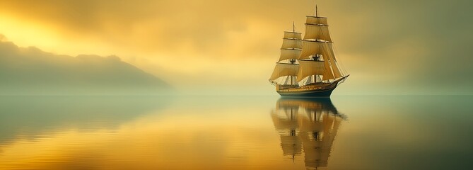 Naklejka premium Sailing ship in calm weather. Illustration on the theme of transport and travel.