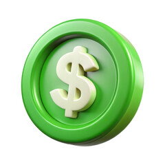 Obraz premium Green coin with a white dollar sign symbol isolated on transparent background