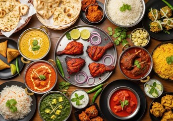 A vibrant overhead view of a diverse indian feast, featuring various curries, tandoori chicken, naan bread, and rice, showcasing a rich culinary experience
