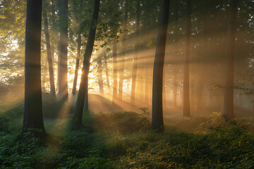Fototapeta premium Photo of sunbeams stream through the trees in a misty forest, creating a magical and peaceful atmosphere