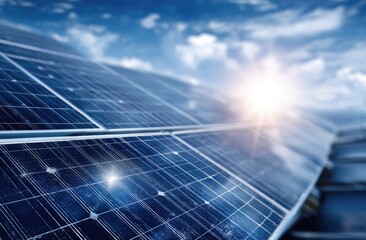 Close-up of solar panels on a roof, angled towards a bright sun partially obscured by clouds; blue tones dominate