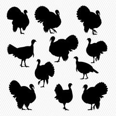A collection of black turkey silhouettes in various poses, some with fanned tail feathers.