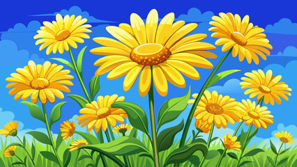 very beautiful Blooming yellow daisies under blue sky.