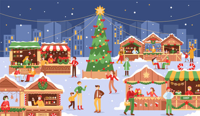 Christmas fair with people. X-mas market on city square. Winter outdoor celebration on street with Christmas tree. Town festive scene with families. Festival shopping. Vector concept