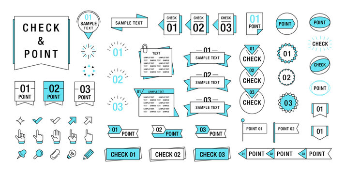 Check and point elements. Minimalist approval and direction symbols. Japanese checkmarks and pointer signs. Simple frame, ribbon, banner, arrow, cursor, finger pointer. Vector set
