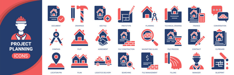 Project planning icon set. Containing icon of Planning, Technical drawing, Contract, Document, Prototype and more. Solid vector icons collection.