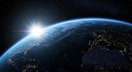 Obraz premium Sunrise Over Earth From Space With City Lights