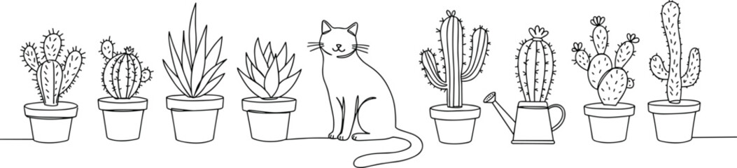 Cute cat with potted cactus and succulent plants, black line art, minimal doodle drawing, indoor garden, houseplant vector design
