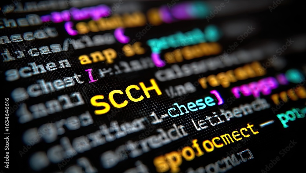 Fototapete close-up view of multicolored computer code on a dark background