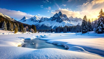 Snowy mountain landscape at sunrise