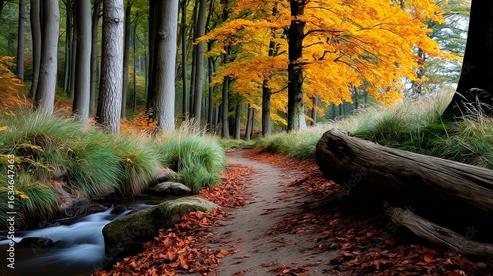 Poster path in a forest with a stream running alongside it. the leaves on the trees are changing colors, cr