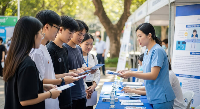 healthcare professional in blue uniform distributing informational brochures to diverse group at an outdoor booth. national immunization awareness month. public health, education, awareness campaign