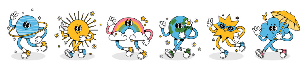 Funny weather character. Cartoon abstract mascot. Retro comic sun, planet, rainbow, running Earth, star, cloud with flower. Trendy groovy characters with legs and hands. Vector set