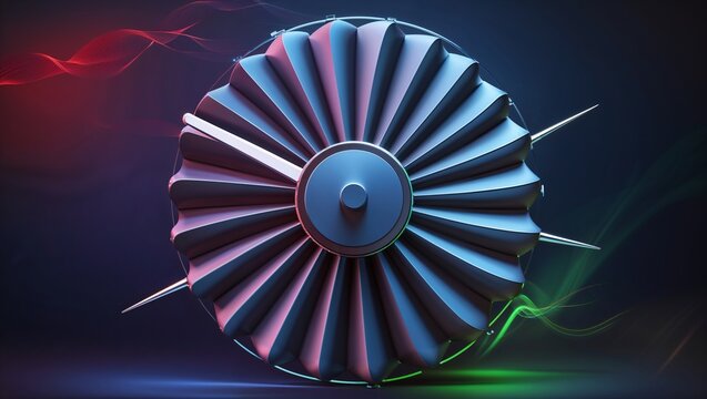 Stylized turbofan engine fan assembly displaying blades and hub in studio, under colored lighting - Powered by Adobe