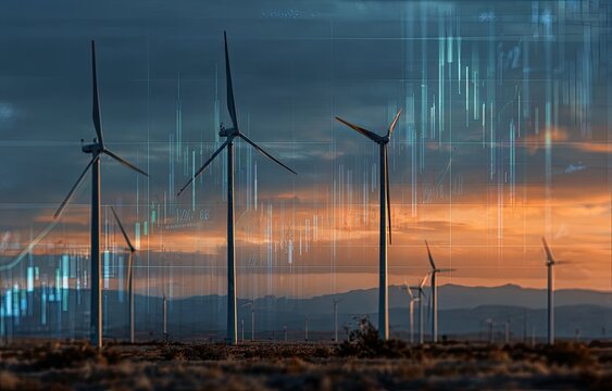 Wind turbines at sunset, overlaid with financial charts (2)
