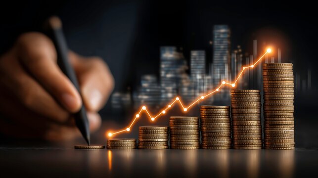 Business Person Hand Drawing Growth Chart Over Stacked Coins and City Skyline