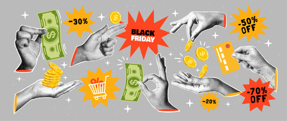 Hand holding money. Halftone hands with coins. Collage with cut paper elements for shopping sale and Black Friday. Financial planning, saving money, online payment. Vector concept