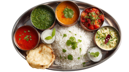 A colorful Indian thali platter featuring basmati rice, naan, and a variety of vegetarian curries and chutneys served in steel bowls.