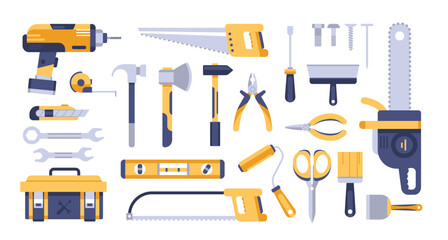 Fototapeta premium Repair and construction tools. Hand tools and equipment for maintenance, DIY, and building projects. Hammer, screwdriver, wrench, pliers, saw, drill, level, toolbox, screws. Vector set