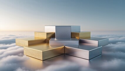 Floating geometric metal block structure hovering above cloud layer with gold and silver finishes