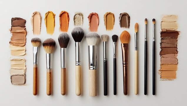Flatlay of makeup brushes and various shades of foundation swatches arranged symmetrically on a white background
