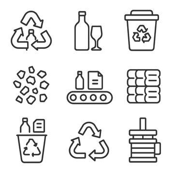 Bin recycling separation flakes glass bales conveyor icons icon plastic vector set