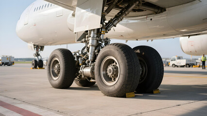 Low-angle view of massive airplane landing gear from wheel level.