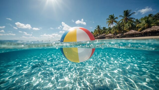 Floating colorful beach ball revealing turquoise water at shoreline, palm trees and thatched huts