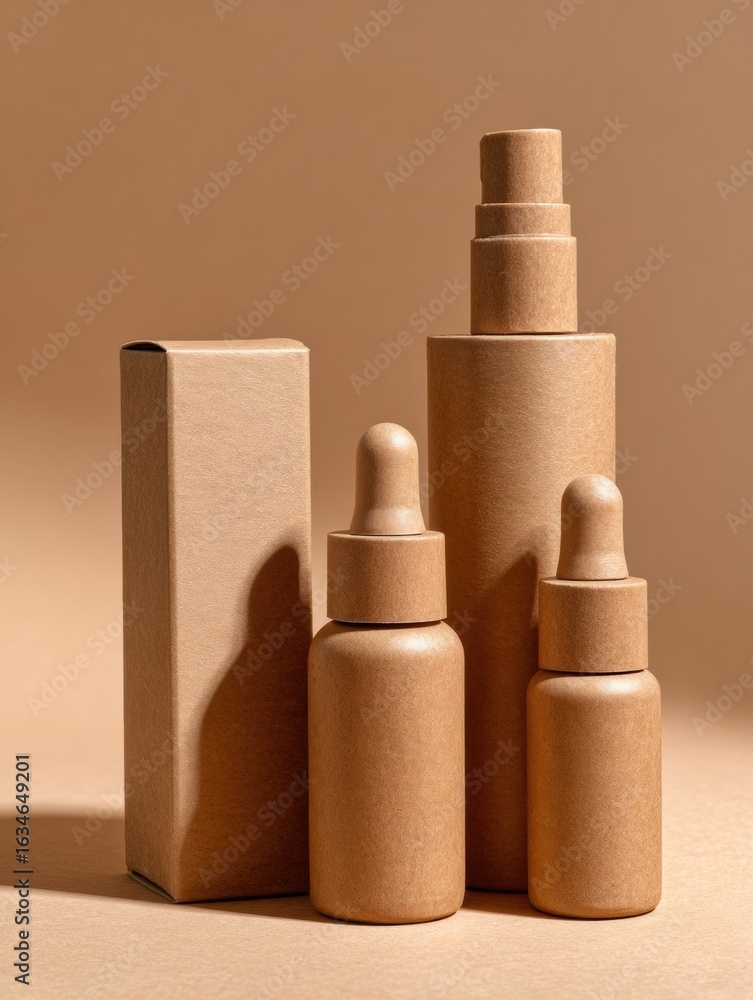 Poster elegant display of three minimalist skincare containers arranged on a soft brown surface highlightin