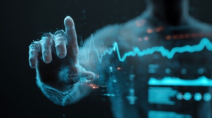 Man Interacting with Advanced Digital Futuristic Technology Interface Displaying Health Data Trends