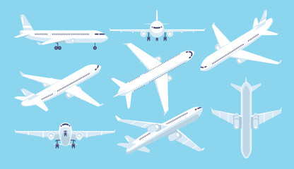 Airplanes. Aircraft plane flight. Planes in different positions, in top view, front and side views, in various angles. Aviation, cargo service, passenger transportation. Vector set