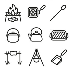 Fototapeta premium Icon griddle rotisserie campfire ember grill vector icons shovel cast extendable cooking