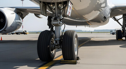 Low-angle view of massive airplane landing gear from wheel level.