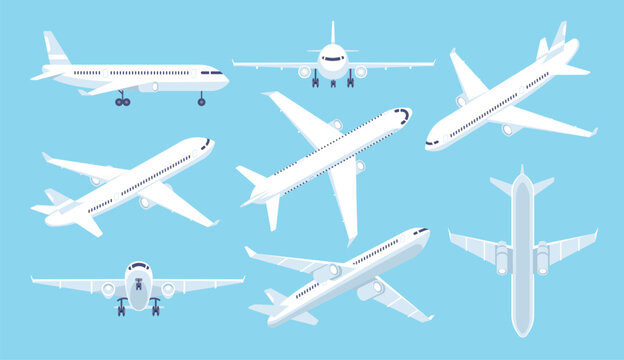 Airplanes. Aircraft plane flight. Planes in different positions, in top view, front and side views, in various angles. Aviation, cargo service, passenger transportation. Vector set