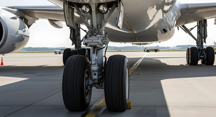 Low-angle view of massive airplane landing gear from wheel level.