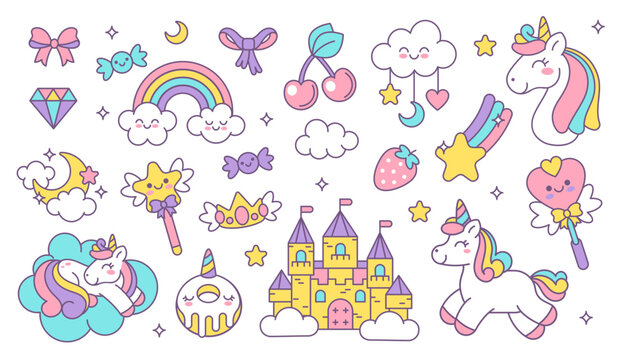 Cute unicorns elements. Kids little horse with wings. Child funny unicorn, rainbow, magic castle, clouds, stars. Fairy tale fantasy stickers for cards, invitations, posters. Vector set