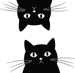 Funny black cat face, upside down mirrored view, cute kitty illustration, pet animal vector, minimal design, white background
