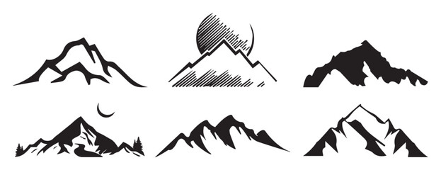 Set of bold black mountain silhouettes featuring rugged peaks, alpine ranges, and minimalist outdoor designs—ideal for adventure branding and wilderness icons.