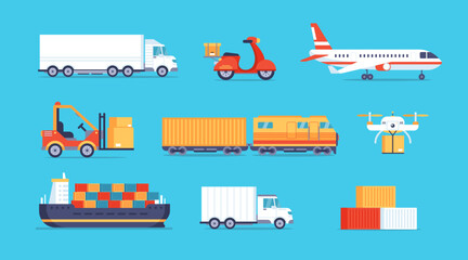Logistics transport. Cartoon delivery transportation. Delivery trucks, cargo vans, containers, scooters, airplanes, ships, warehouse. Transportation modes and service concept. Vector set